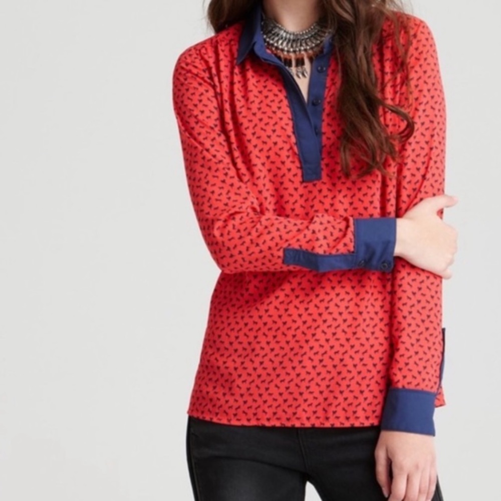 Free People Red Navy Horse Print Blouse Small Boho Western Lightweight Top